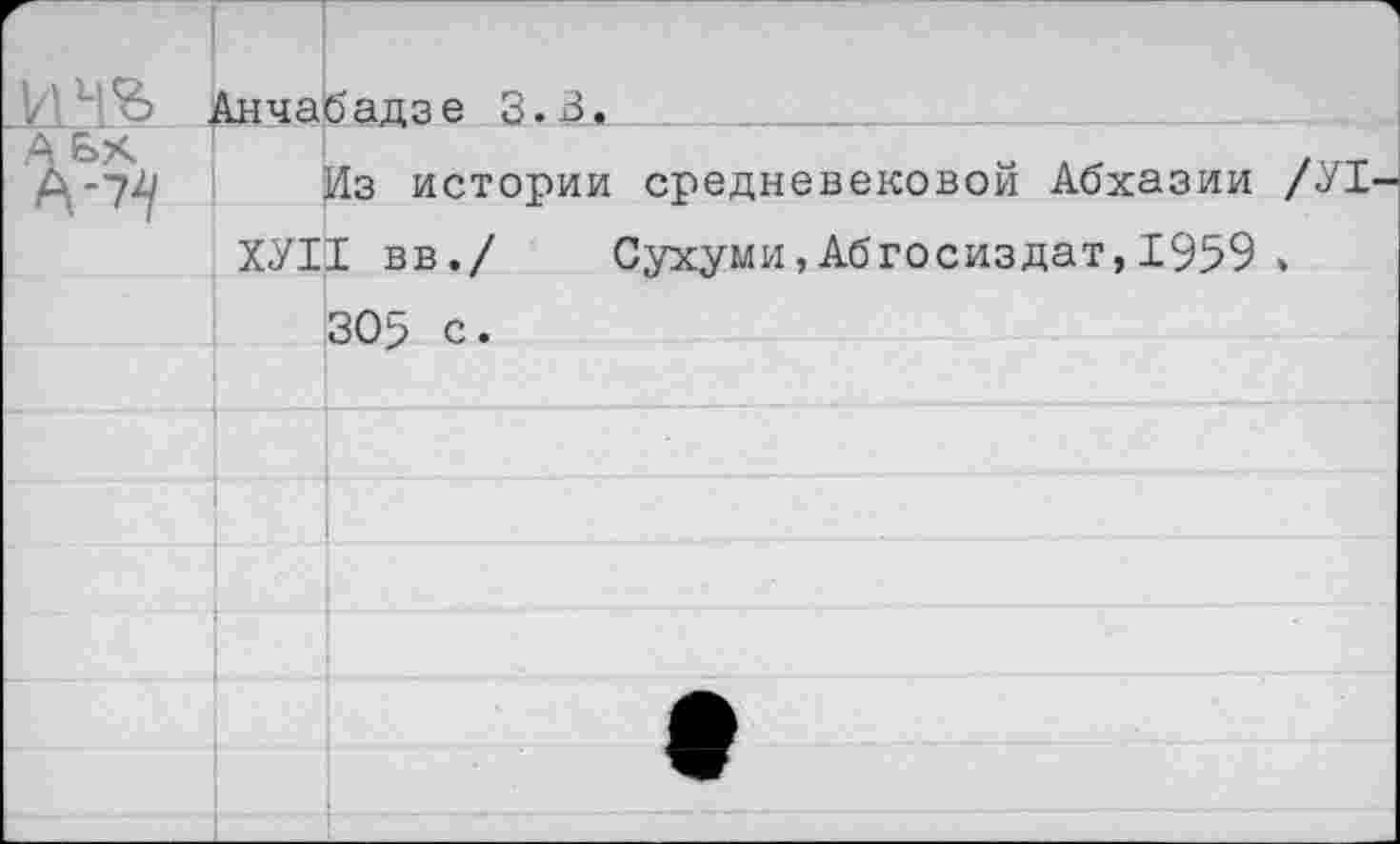 ﻿;	% Анчабадзе 3,3,
А БХ А'72/
Из истории средневековой Абхазии /УТ
ХУ1Т вв./	Сухуми,Абгосиздат,1959»
305 с.